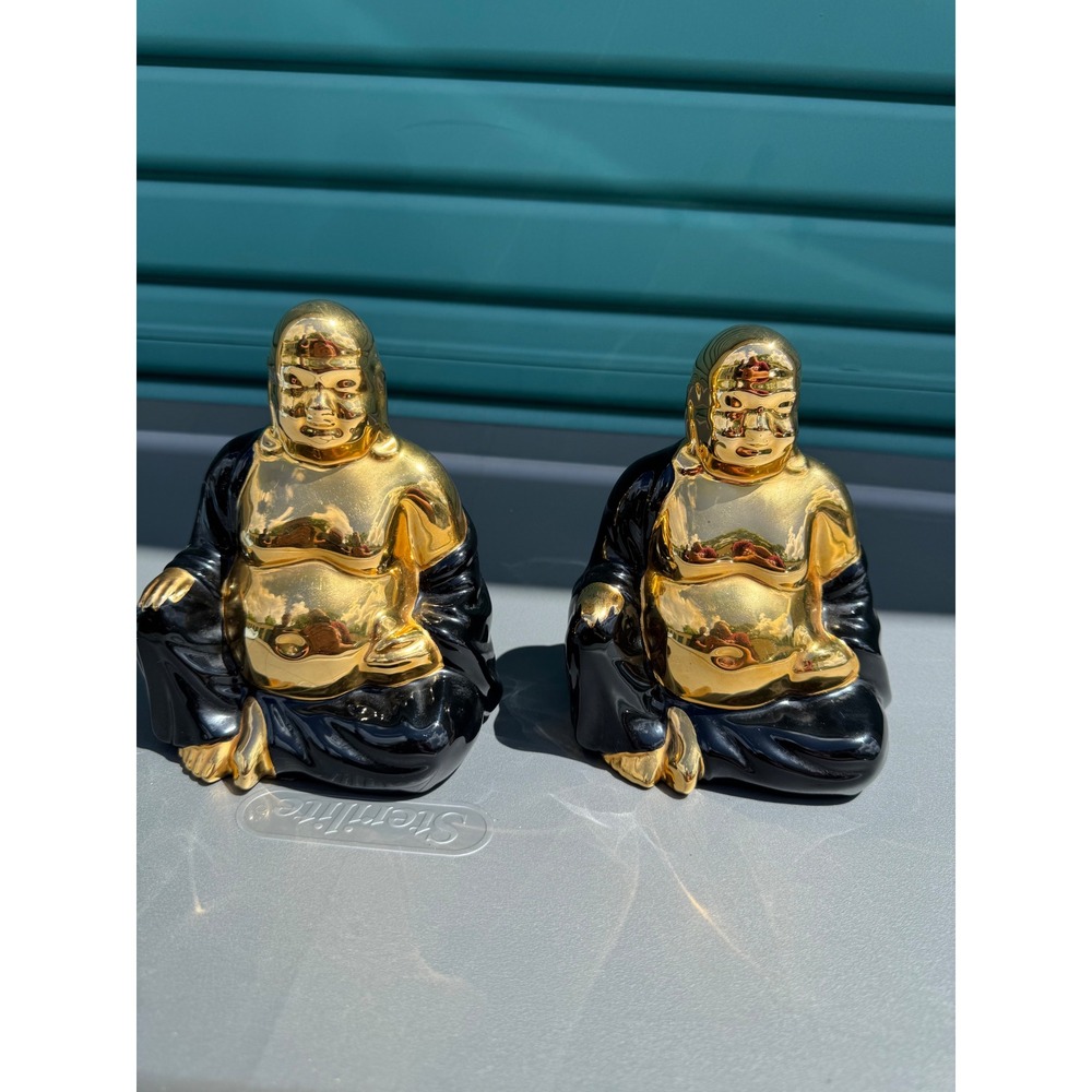Vintage Ceramic Laughing Buddha Figurine Set‎ Black & 24K Gold 5 Inch 2pc Hotei